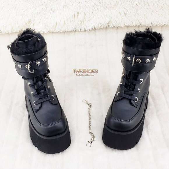 Goth Punk Platform Ankle Boots Furry Chain Cuff 57 - Picture 4 of 16